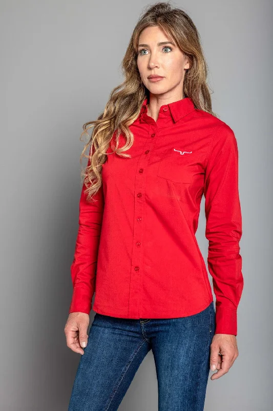 Kimes Ranch Womens Team Shirt Red Cotton Blend L/S Shirt Relaxed Cotton Short Shirt