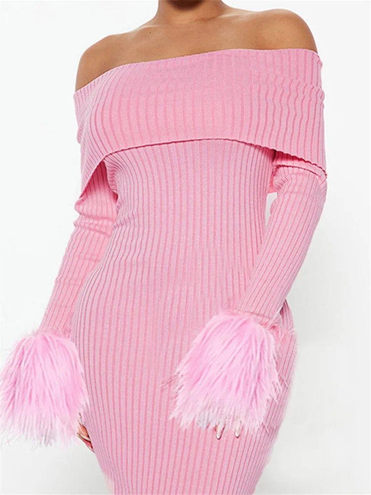 Knitted Long Sleeve Off-Shoulder Fur Patchwork Ribbed Bodycon Midi Dress Trendy Ruffled Sleeve Midi Dress