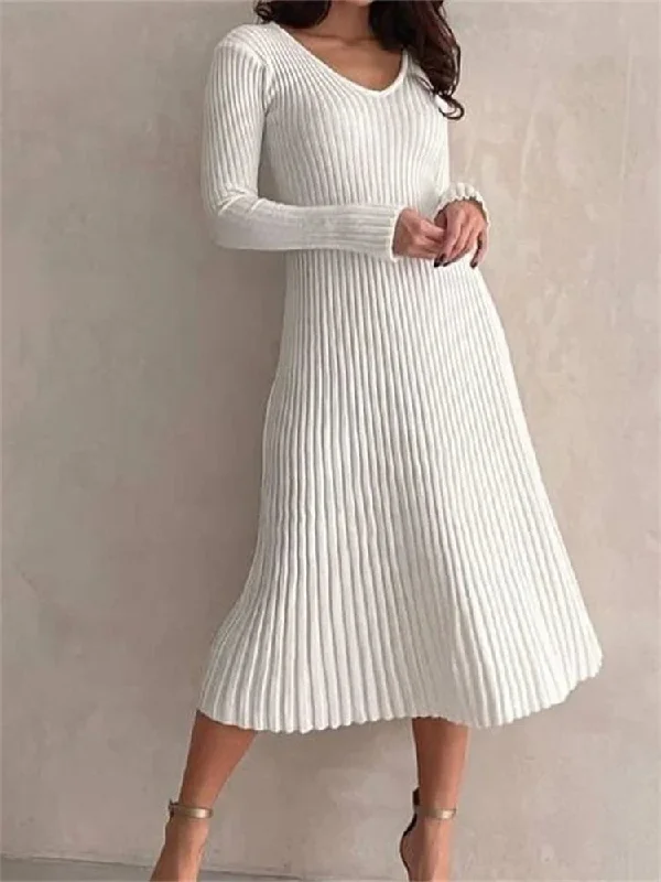 Knitted Ribbed Long Sleeve Slim Fit Solid Autumn Mid Midi Dress Comfortable Short Sleeve Midi Dress