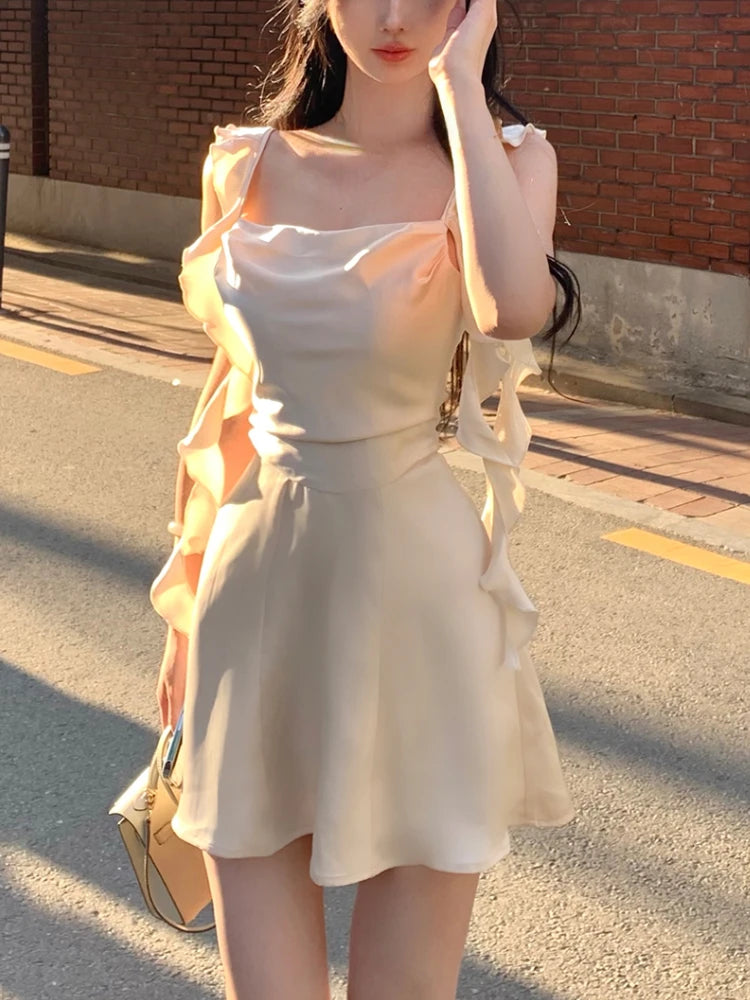 DressBetty - 2024 Korean Spaghetti Strap Vintage Fairy Sweet Midi Dress Stylish Midi Dress with Cuffs