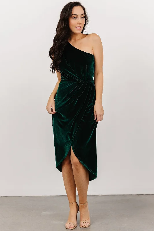 Kourtney Velvet One Shoulder Midi Dress | Emerald Fashionable High-Low Midi Dress