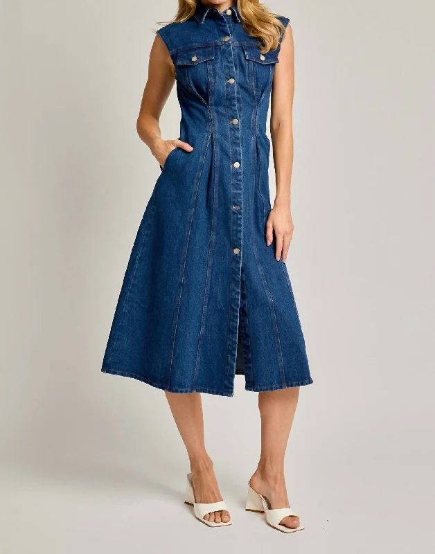 Ky Denim Sleeveless Midi Dress In Medium Wash Stylish Long Sleeve Floral Midi Dress