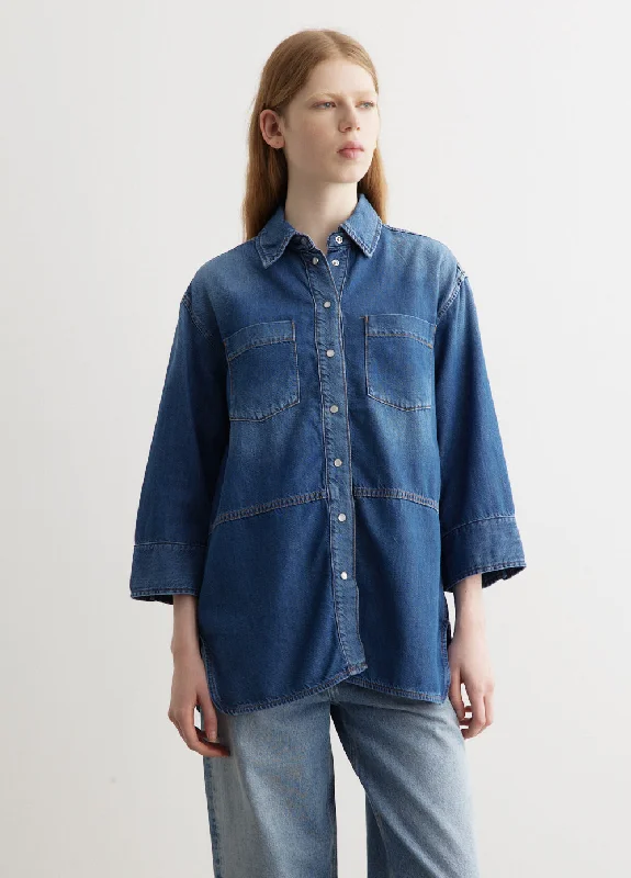 Light Denim Oversized Shirt Trendy Ruffled Short Sleeve