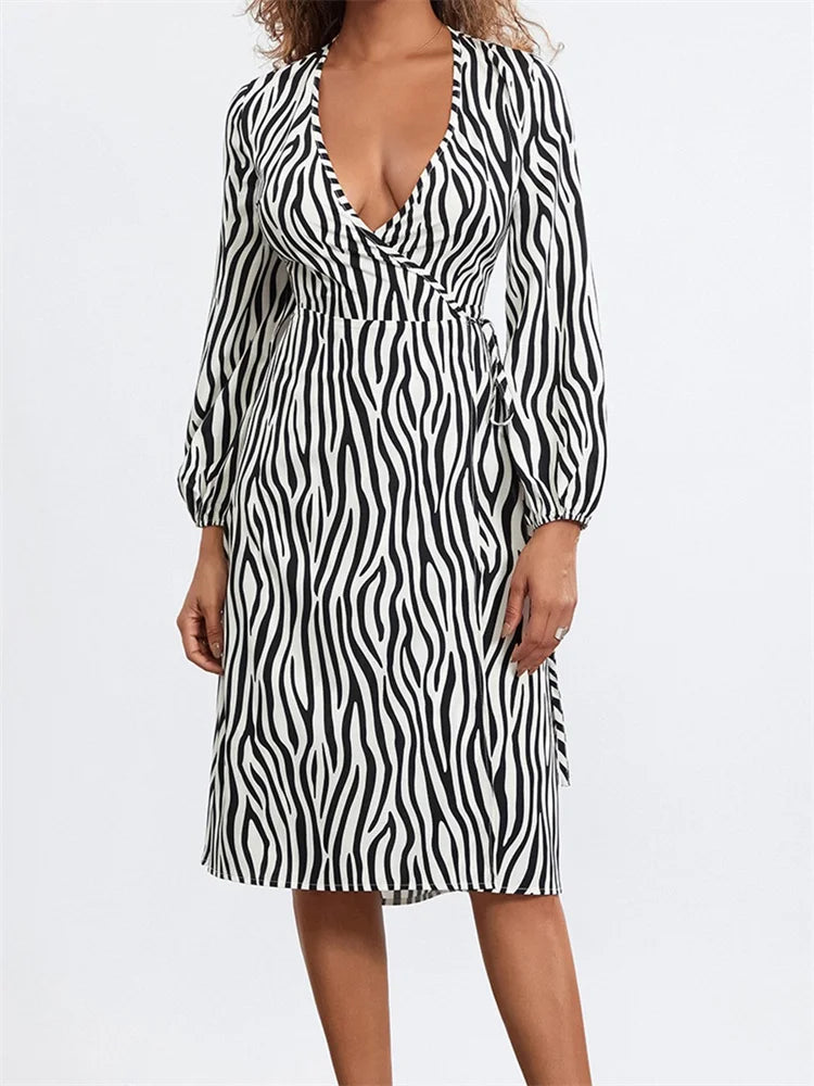 Long Sleeve V-Neck Zebra Striped Print Tie-Up Casual Midi Dress Stylish Wraparound Midi Dress