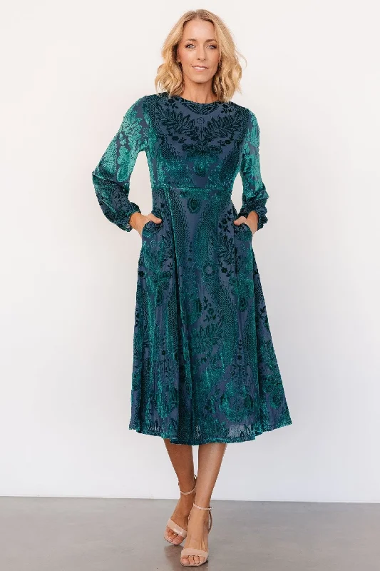 Lorielle Velvet Midi Dress | Emerald Print Fashionable Sheer Sleeve Midi Dress