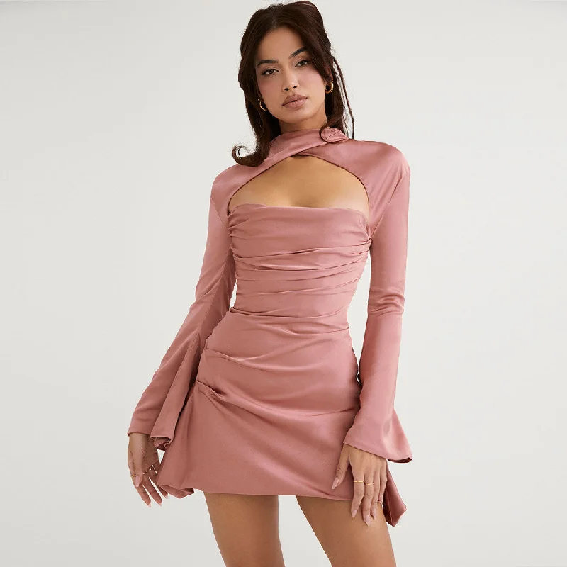 BerryBetty - Long Sleeve Draped Satin Mini Dress - Pink Fashionable Party Mini Dress