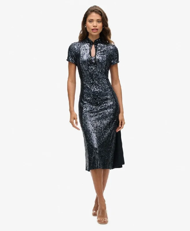 Mandarin Sequin Midi Dress | Gunmetal Sequin Chic Lace Detail Midi Dress