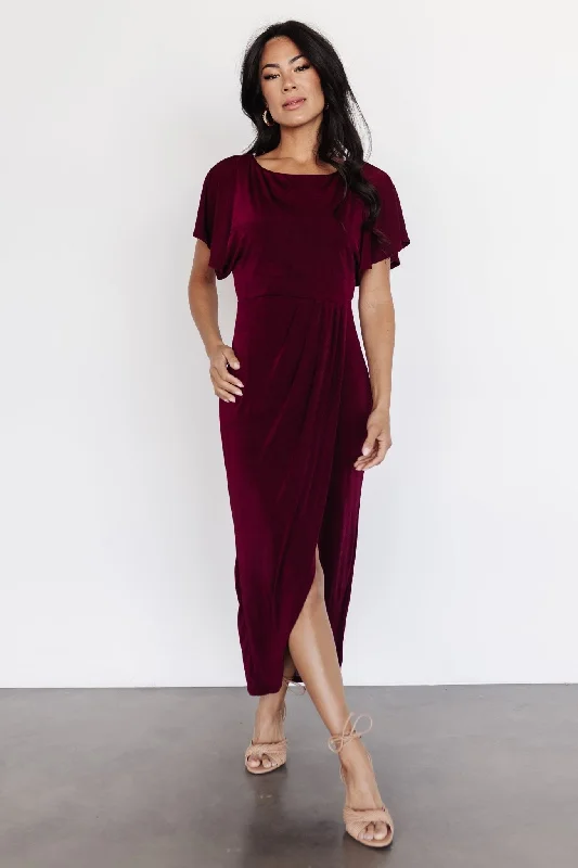 Mercy Midi Dress | Burgundy Elegant Faux Wrap Midi Dress