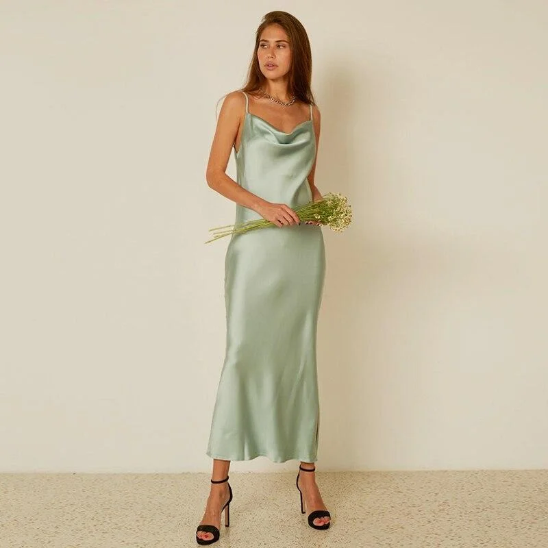 FashionSierra - Mint Green Strap Satin Party Nightclub Midi Dress Stylish Animal Print Midi Dress