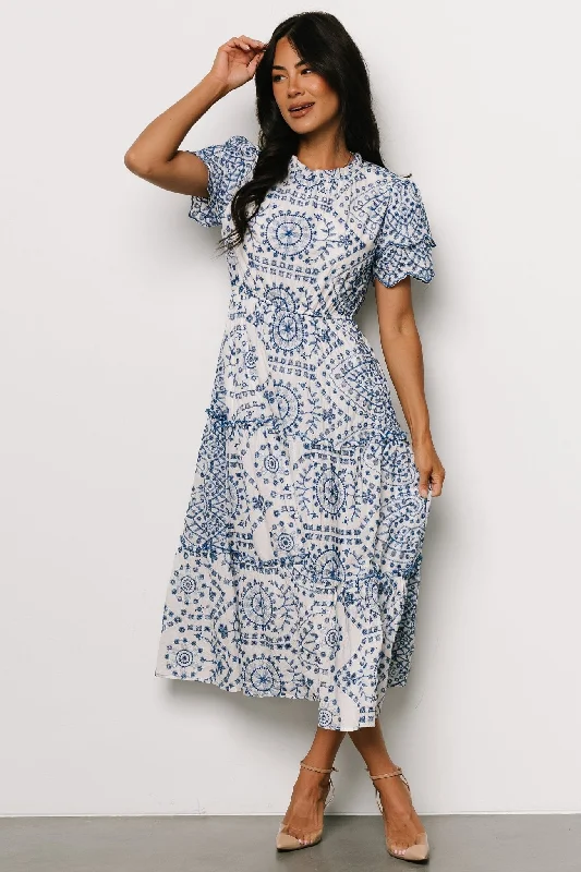 Mirabel Eyelet Midi Dress | White + Blue Stylish Pleated Skirt Midi Dress