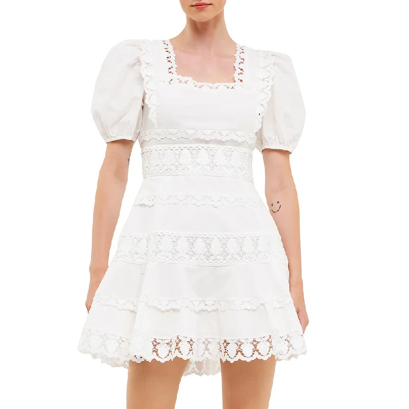 Multi Lace Linen Mini Dress Elegant Off-Shoulder Dress Mini