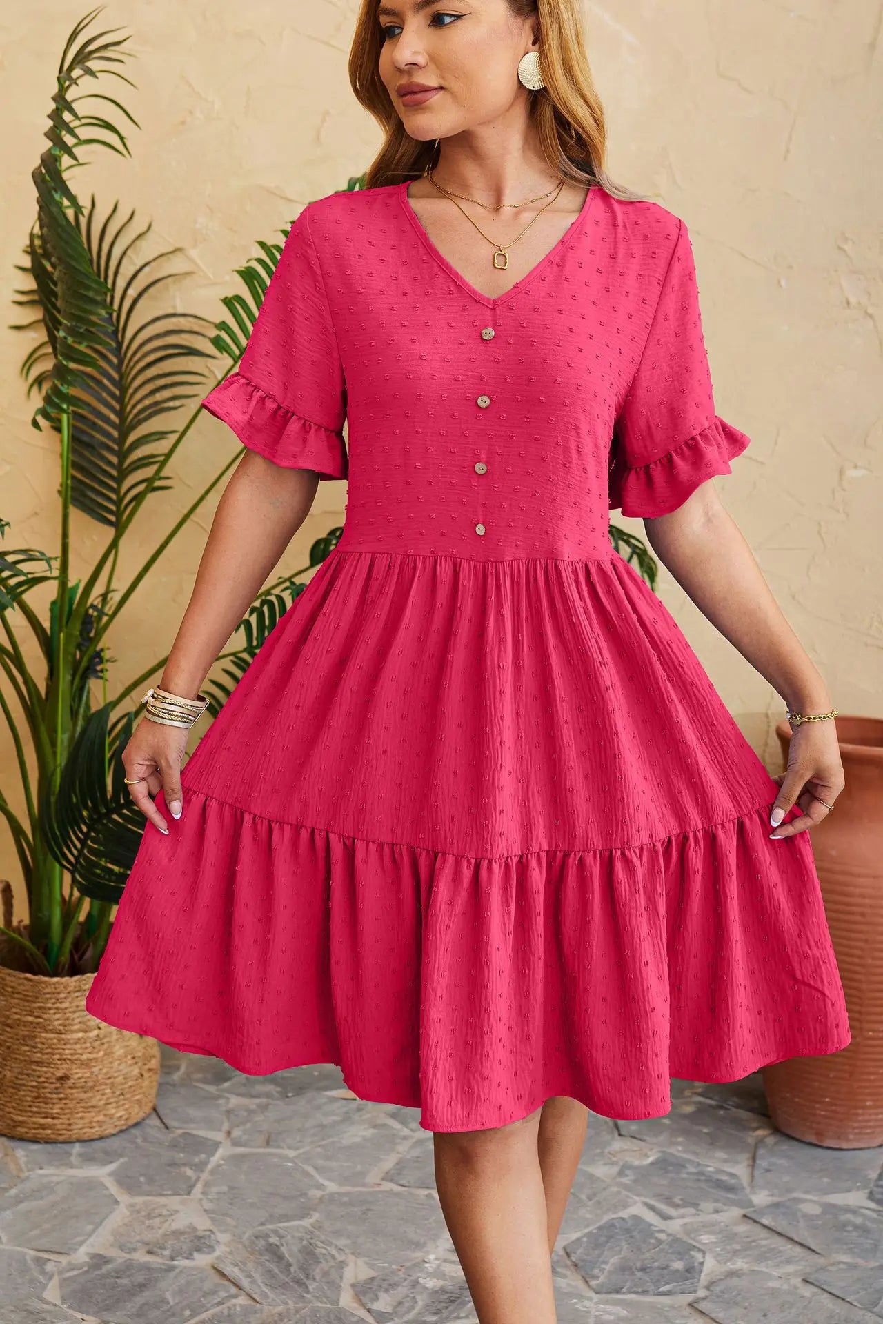 New Jacquard Five-quarter Pleat Polka LOOSE Midi Dresses Comfortable Deep V Midi Dress
