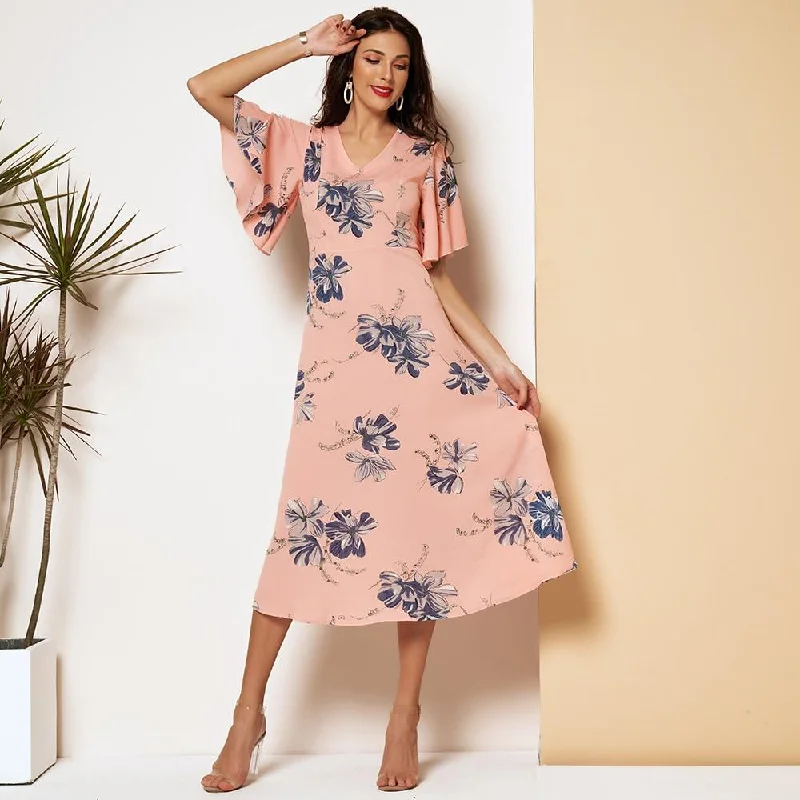 FashionSierra - New Summer Dress Women Pink Floral Printing V-neck Slim-fiitted Ruffle Short Sleeves A-line Thin Chiffon Sweet Midi Dresses Trendy Smocked Waist Midi Dress