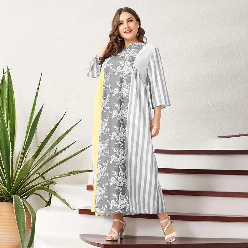 FashionSierra - Summer Midi Dress Women Multi-color Floral Striped Chiffon Loose Casual Holiday Stitching V-neck 3/4 Sleeve Long Robes Fashionable Chiffon Midi Dress