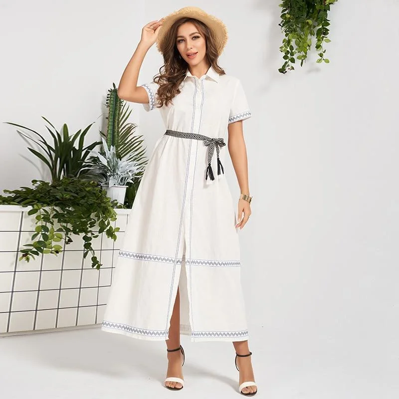 FashionSierra - New Summer Midi Dress Women White Waistbelt Buttons Pure Cotton Casual Bohemia Holiday Style Sweet Short Sleeve Long Robes Trendy Fit-and-Flare Midi Dress