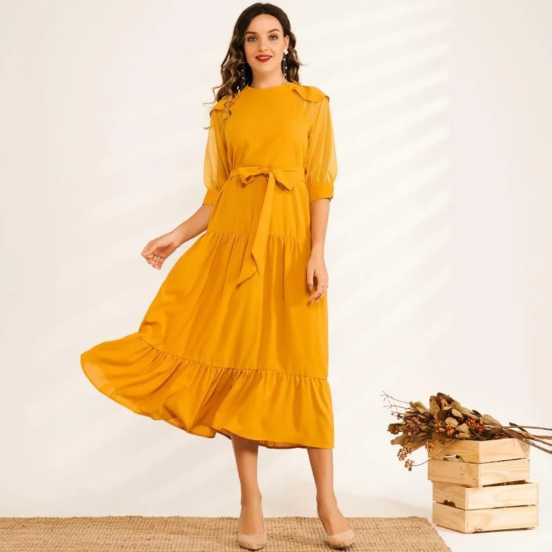 FashionSierra - Summer Midi Dress Women Yellow Ruffled Hem Draped Back Buckle O-neck Mesh Lantern Half Sleeve Loose Casual Elegant Robe Trendy Ruffle Hem Midi Dress