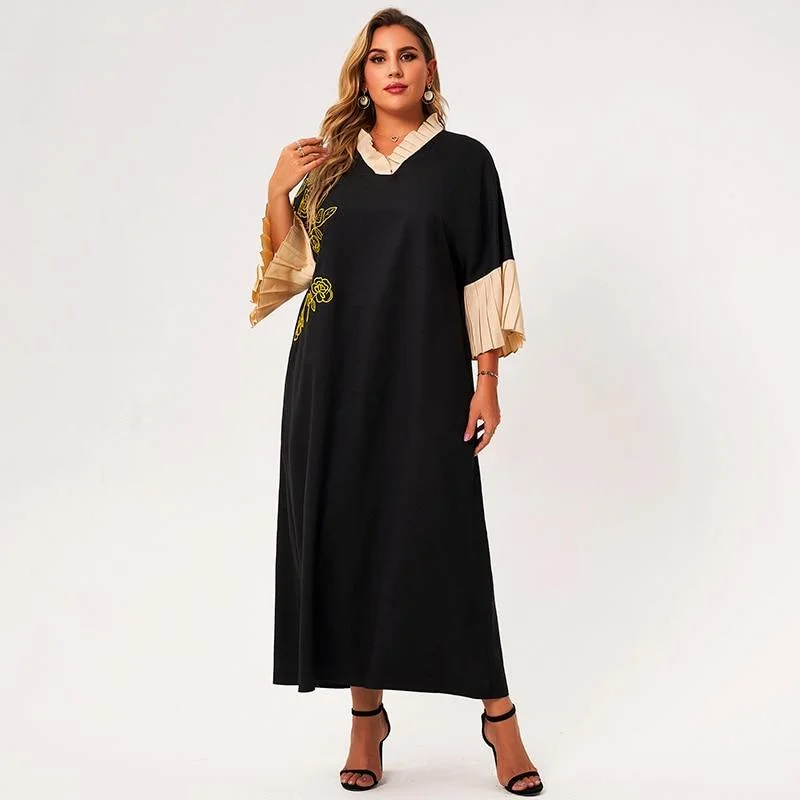 FashionSierra - New Summer Midi Dress Women Plus Size Black Loose Floral Embroidery Petal Collar Stitching 3/4 Sleeve Large Elegant Robes Chic Bohemian Midi Dress