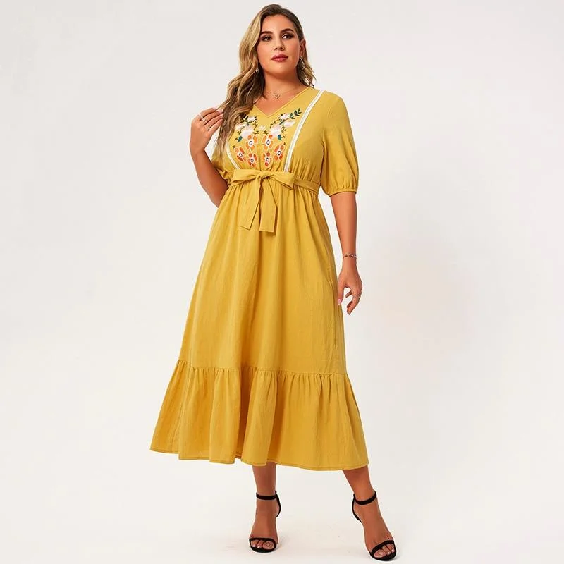 FashionSierra - New Summer Midi Dress Women Plus Size Yellow Loose Floral Embroidery Sashes Lace Ruffle Hem Half Sleeve Large Elegant Robes Trendy Bodycon Midi Dress