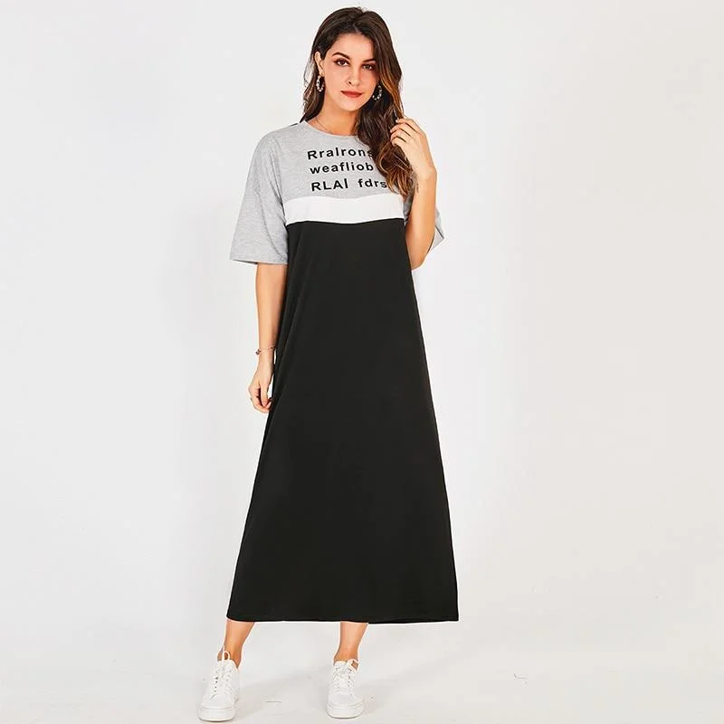 FashionSierra - New Summer Women Long Dress Stitching Black Hit Color Letter Print Casual O-neck Short-sleeved Loose College Midi Dresses Stylish Animal Print Midi Dress