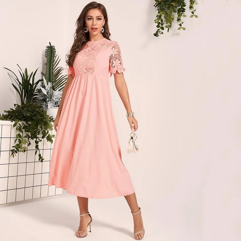 FashionSierra - New Women Lace Dress Sweet Pink Guipure Lace Insert Hollow Out O Neck Fit Flare Midi Dresses Party Dress Summer Trendy Floral Wrap Midi Dress