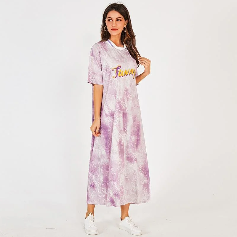 FashionSierra - New Women Summer Long Dress Purple Tie Dye A-line Letter Print Casual Lapel Short-sleeved Loose Sweet Midi Dresses Stylish Midi Dress with Cuffs