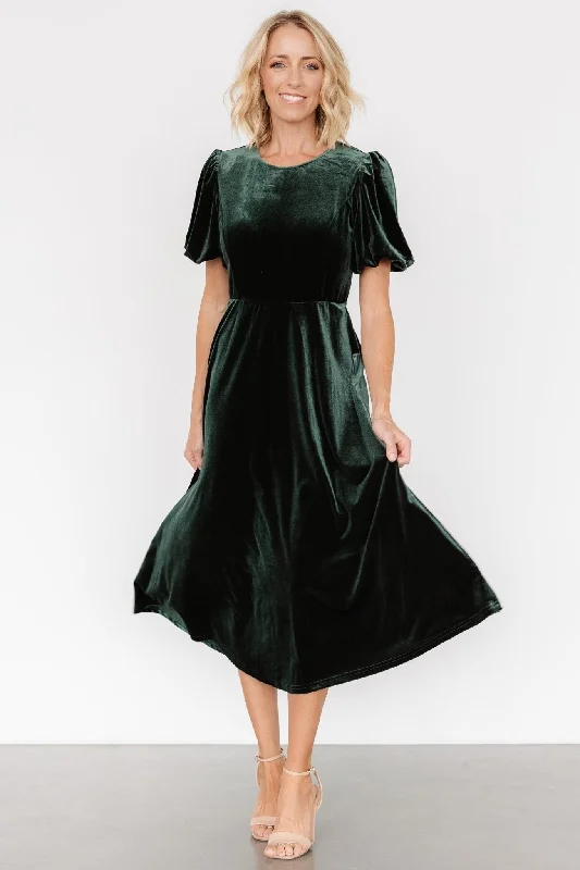 Nita Velvet Midi Dress | Deep Green Fashionable Off-Shoulder Dress Midi