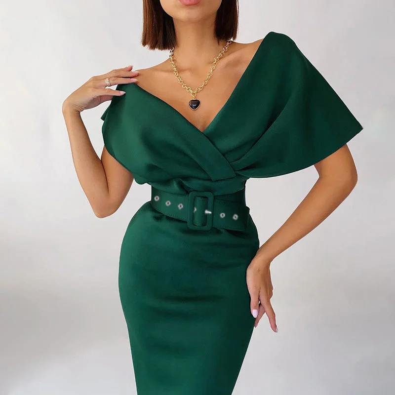 DressBetty - Off-Shoulder Elegant Party Ladies Vintage Evening Formal Midi Dress Elegant Faux Wrap Midi Dress