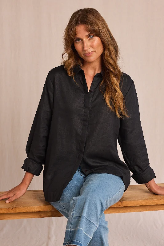 Oversized Linen Boyfriend Shirt in Black Soft Silk Short Sleeve