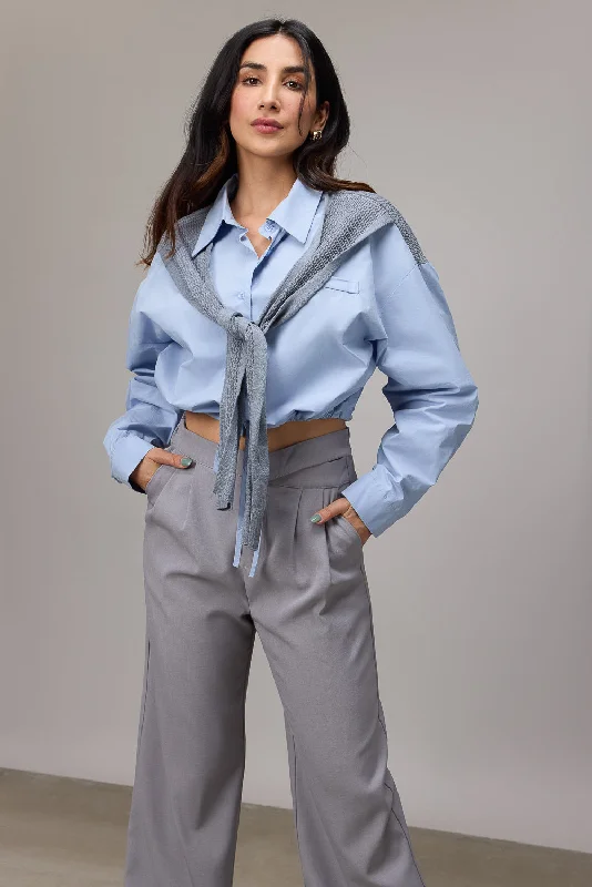 Blue Shirt With Cape Tie Casual Ruffle Short Shirt