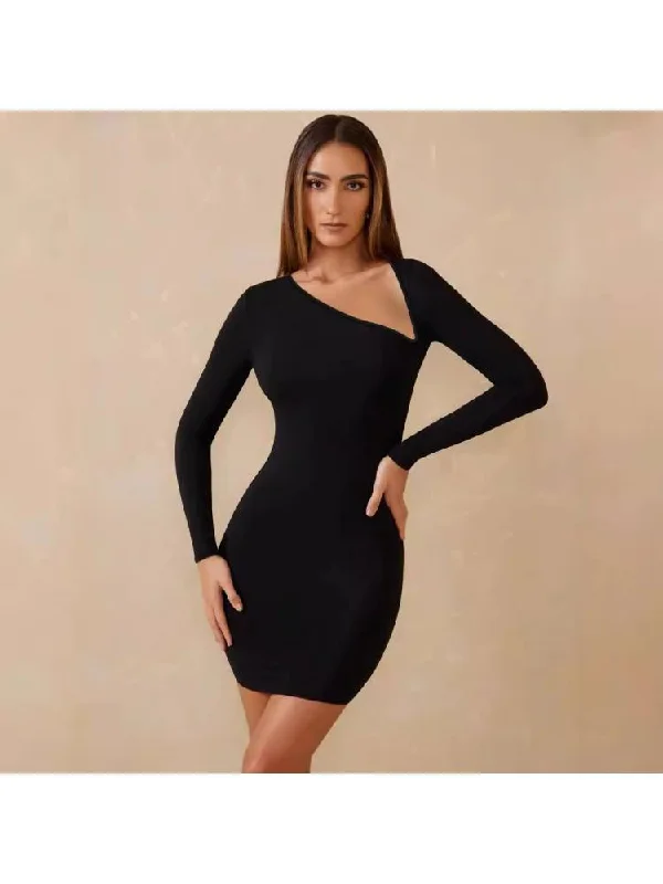 Plain Irregular Fitted Long Sleeves Mini Dress Fashionable Mini Dress with Slits