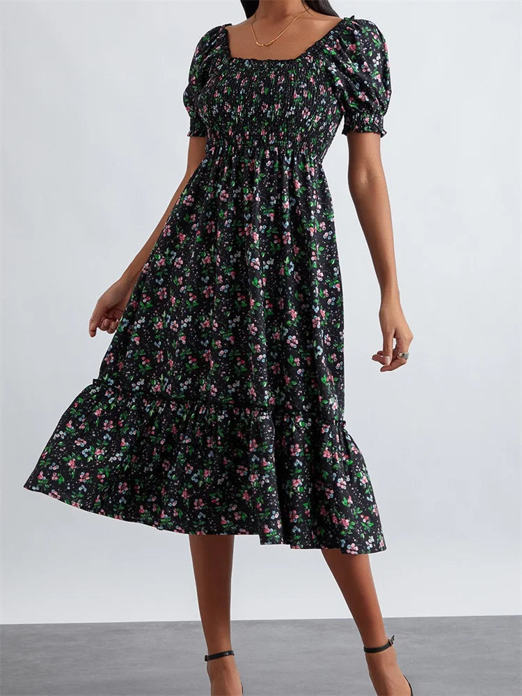 Retro Summer Floral Print Square Neck Short Puff Sleeve Ruched Midi Dress Fashionable Fitted Midi Dress