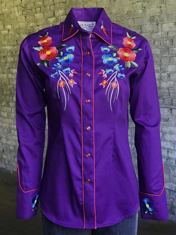 Rockmount Womens Purple 100% Cotton Floral Bouquet Western L/S Shirt Elegant Draped Short Sleeve