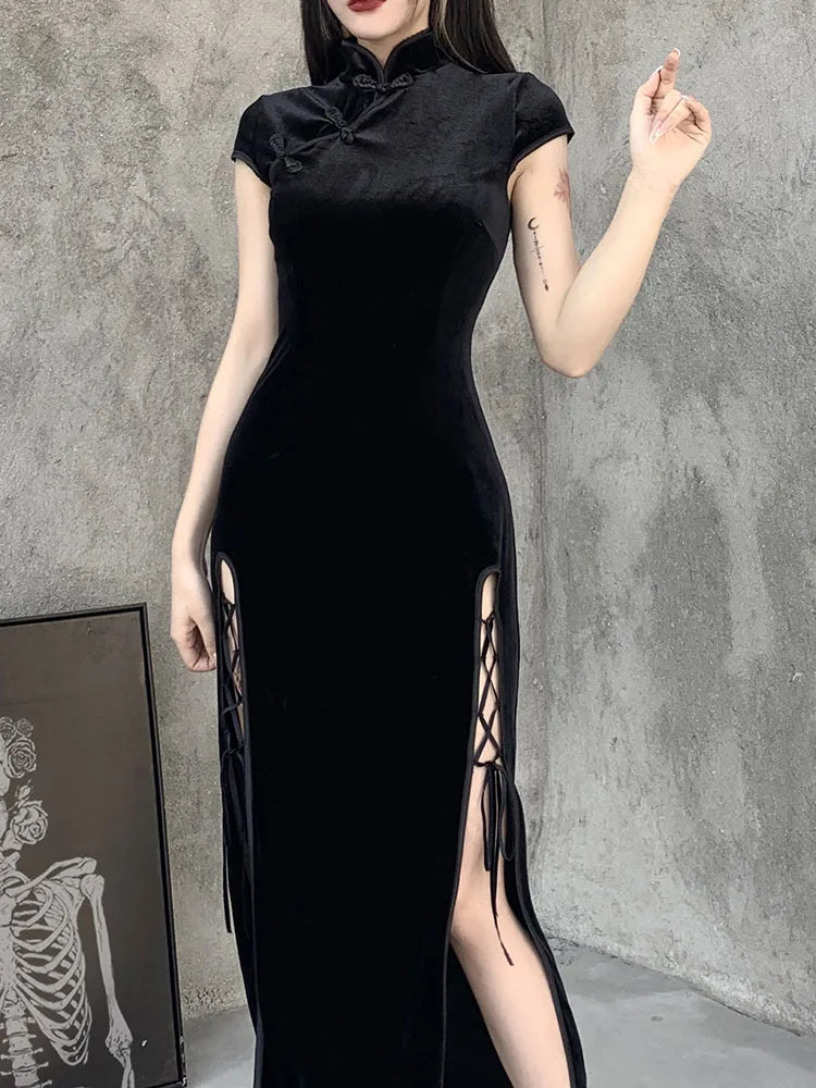 Romantic Gothic Velvet Aesthetic Vintage Black Evening Cheongsam Midi Dresses Comfortable Ruched Midi Dress