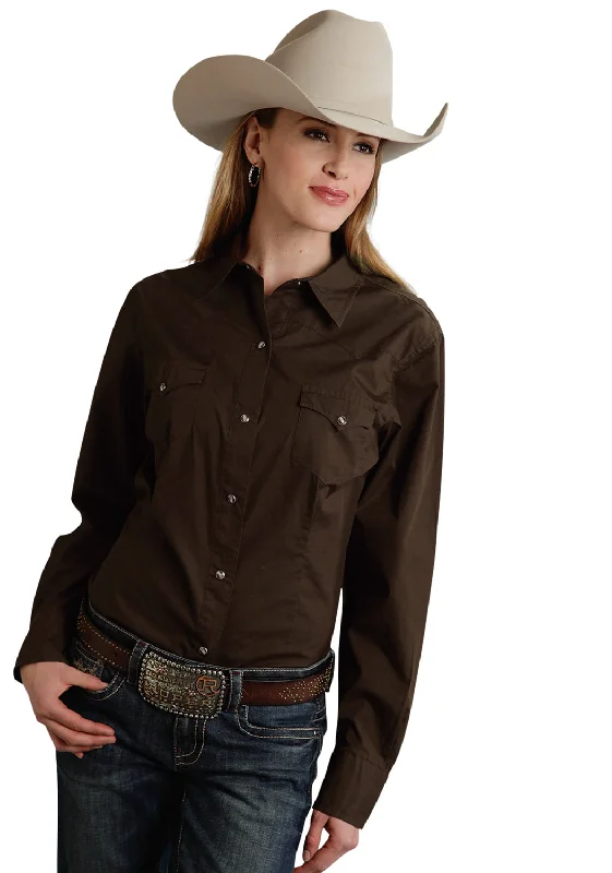 Roper Basic Solid Ladies Chocolate 100% Cotton L/S Western Shirt Classic Denim Short Sleeve