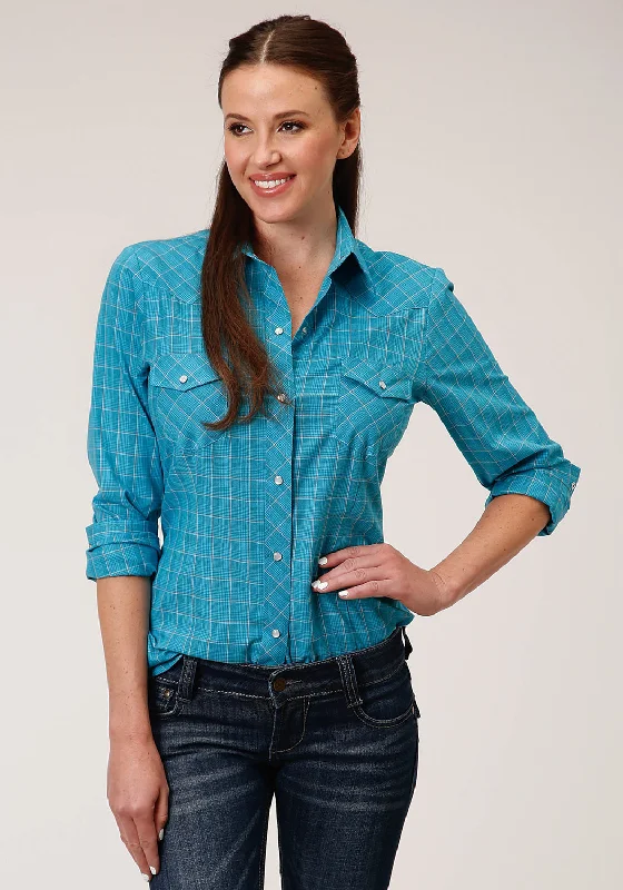 Roper Womens 55/45 Windowpane Turquoise Cotton Blend L/S Shirt Comfortable Graphic Short Sleeve