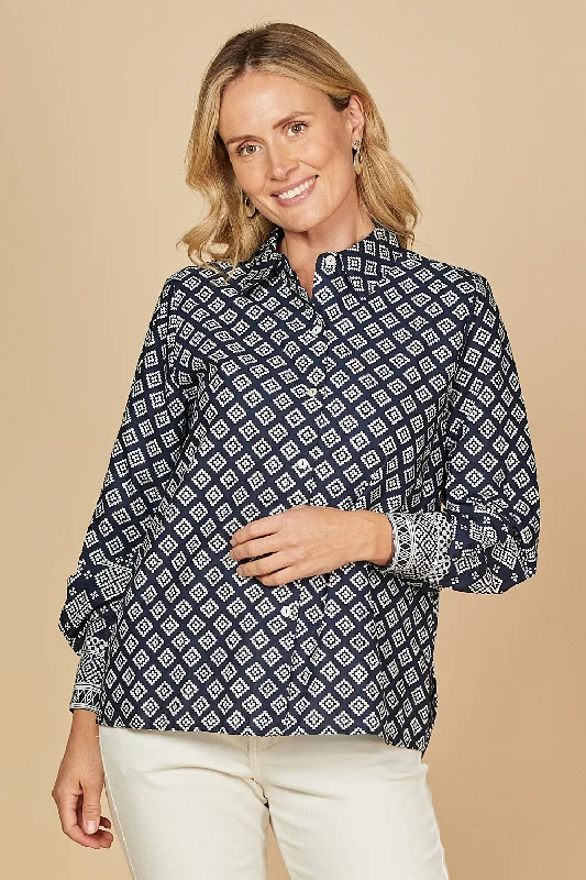 Sam Shirt in Navy Iris Relaxed Cotton Short Blouse