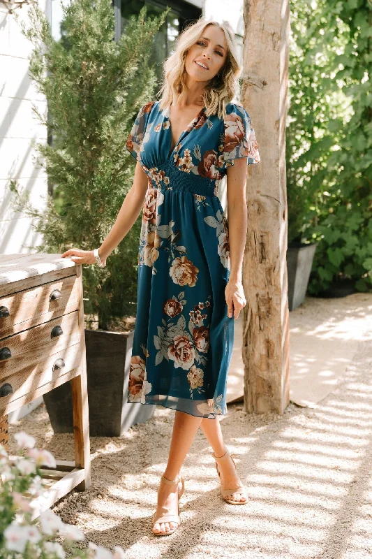 Sarah Smocked Midi Dress | Blue Floral Fashionable Floral Embroidery Midi Dress