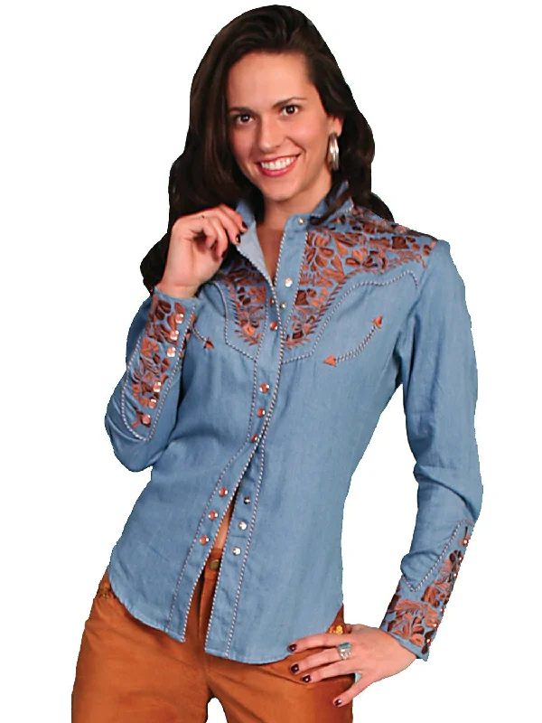 Scully Western Womens Blue Polyester L/S Floral Stitch Western Shirt Comfortable Pocket Short Shirt