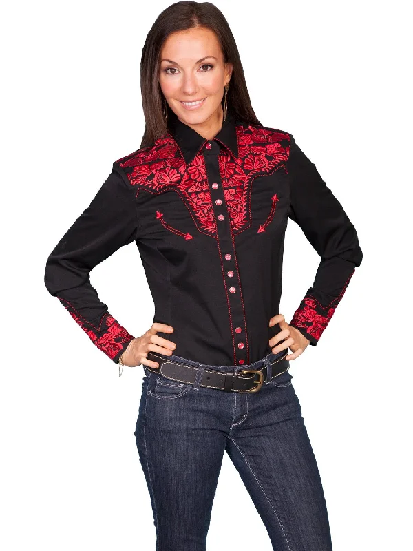 Scully Western Womens Crimson Polyester L/S Floral Stitch Western Shirt Stylish Round Neck Shirt