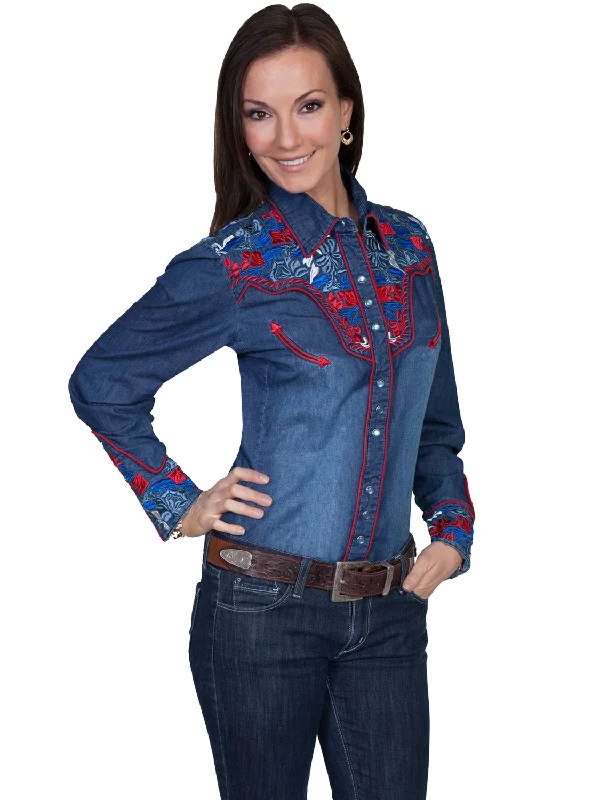 Scully Western Womens Denim Polyester L/S Multi-Floral Western Shirt Elegant Lace-Trimmed Short Shirt