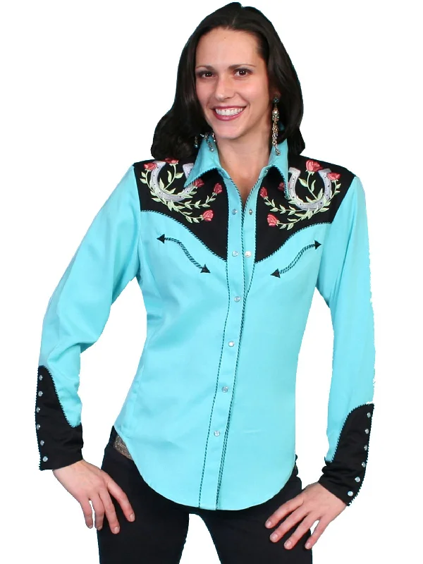 Scully Western Womens Turquoise Polyester L/S Horseshoe Western Shirt Trendy Print Short Sleeve