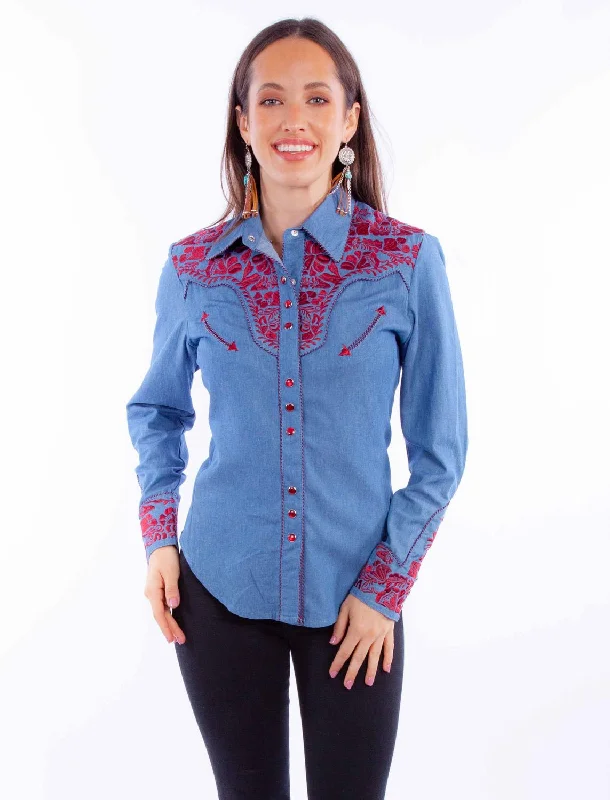 Scully Womens Embroidered Floral Blue/Cranberry Poly/Rayon L/S Shirt Elegant Draped Short Sleeve