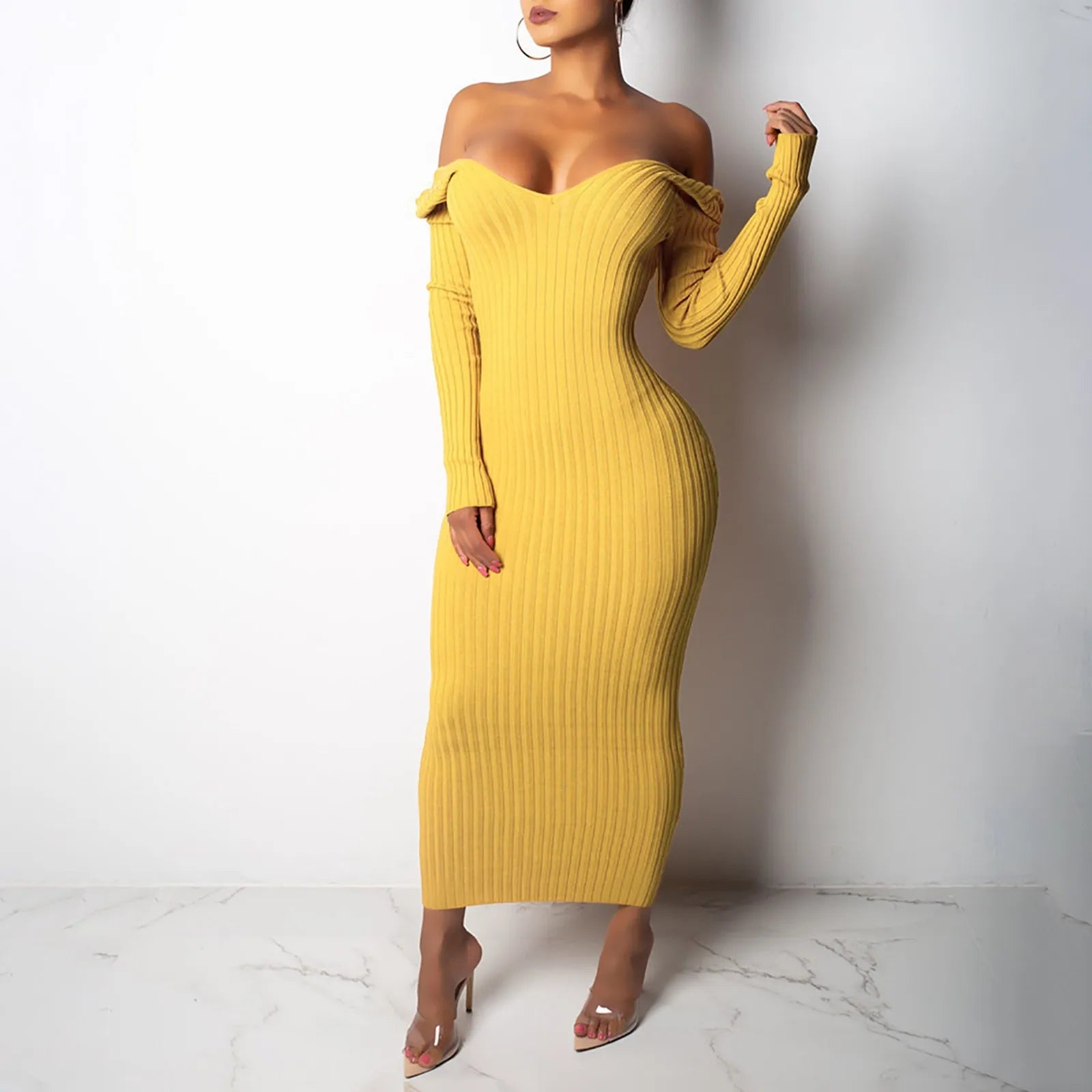 DressBetty - 2024 Sexy Deep V Neck Off Shoulder Rib Knit Midi Dress Fashionable Wide Leg Midi Dress