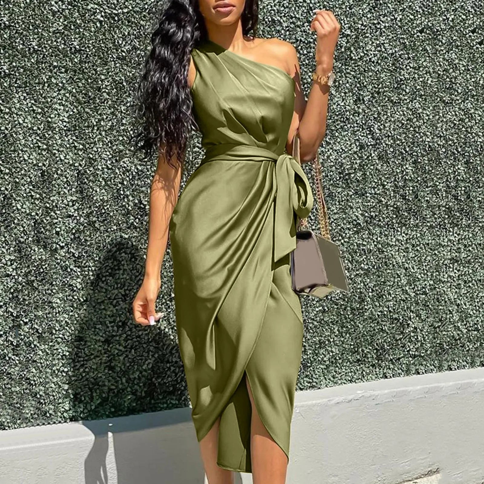 DressBetty - 2024 Sexy Green Asymmetrical One Shoulder Satin Ruched Midi Dress Comfortable Wrap Midi Dress