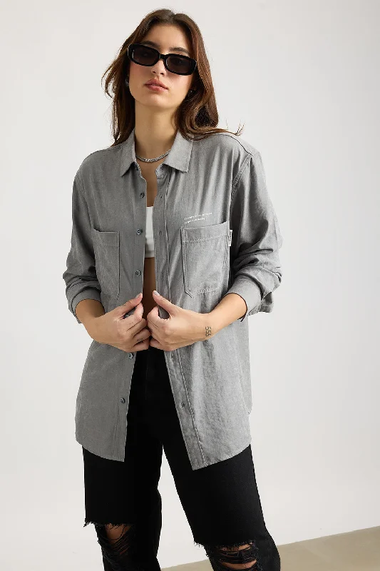 Faded Grey Effect Shirt Fashionable Sheer Short Shirt