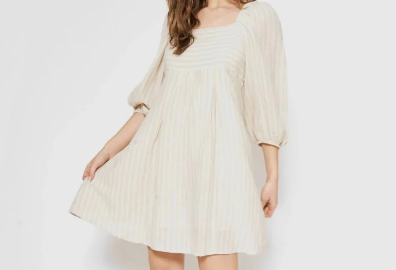 Smocked Midi Dress In Striped Oatmeal Comfortable Denim Midi Dress