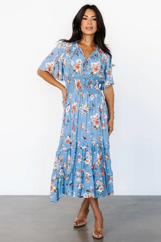 Spell Boho Midi Dress | Blue + Peach Floral Chic Lace Detail Midi Dress