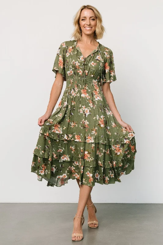 Spell Boho Midi Dress | Olive Floral Fashionable Skater Midi Dress