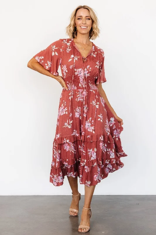 Spell Boho Midi Dress | Terracotta Floral Trendy Knit Midi Dress