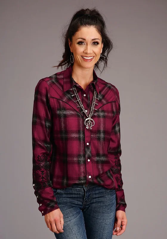 Stetson Womens Western Plaid Wine 100% Rayon L/S Shirt Casual Plain Short Shirt